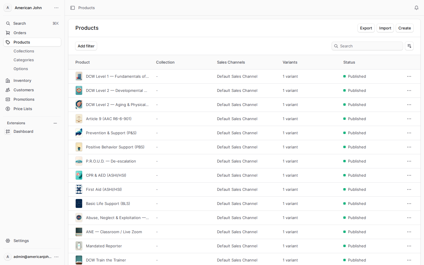 The commerce admin: 359 products, collections and channels