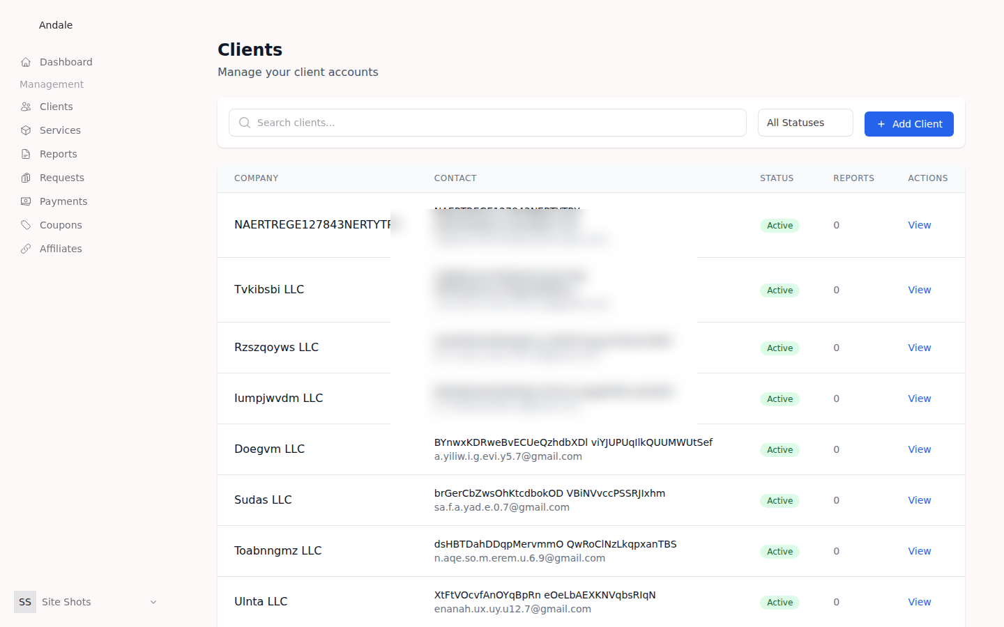 The client roster inside the admin (emails blurred)