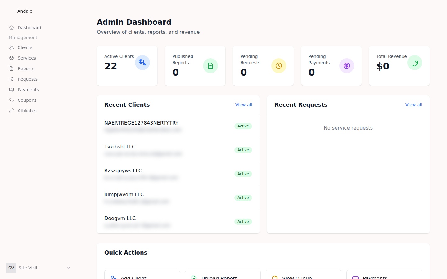 The admin dashboard: clients, revenue, requests