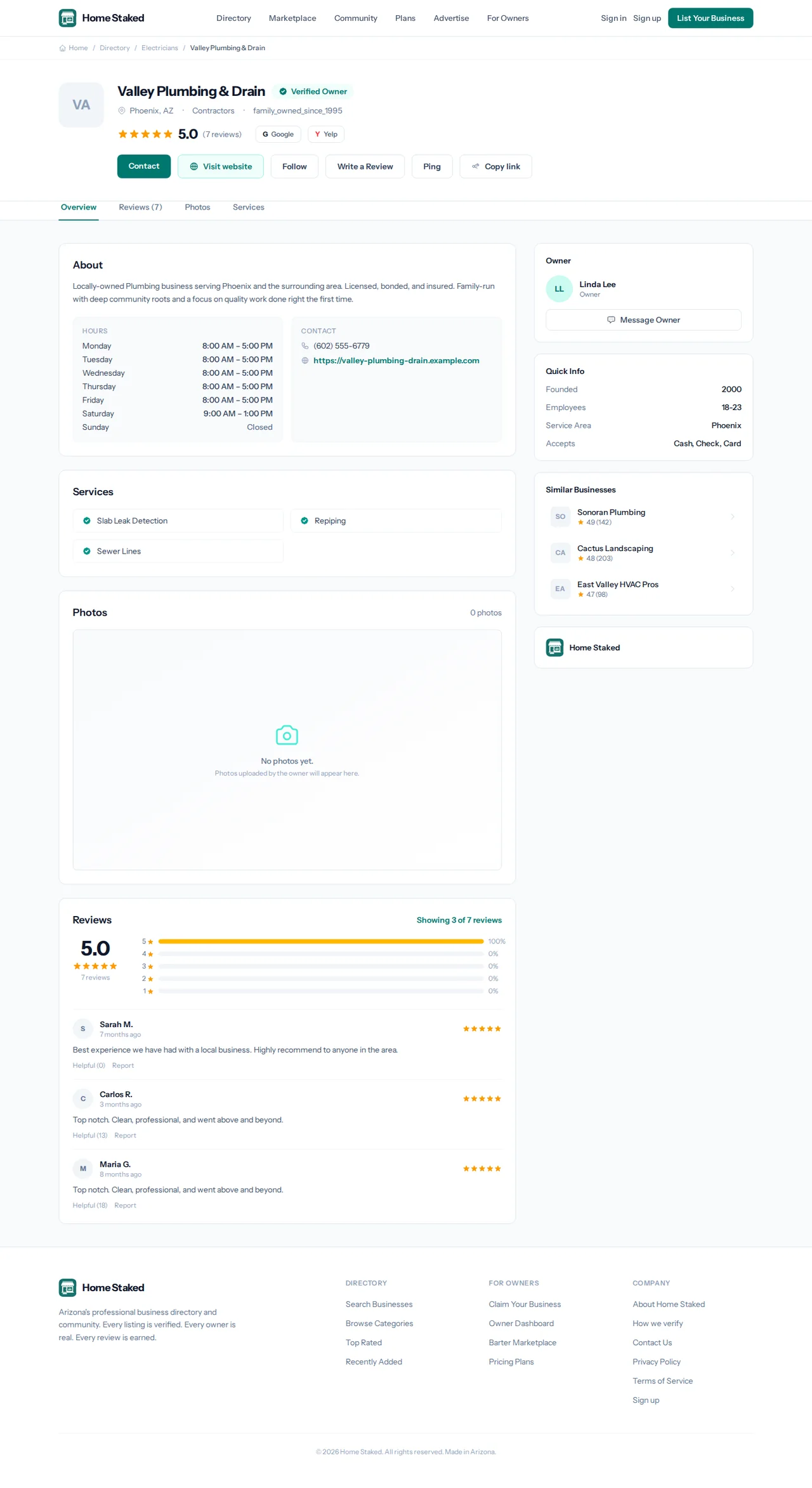 A claimed business page: verified owner, reviews and contact
