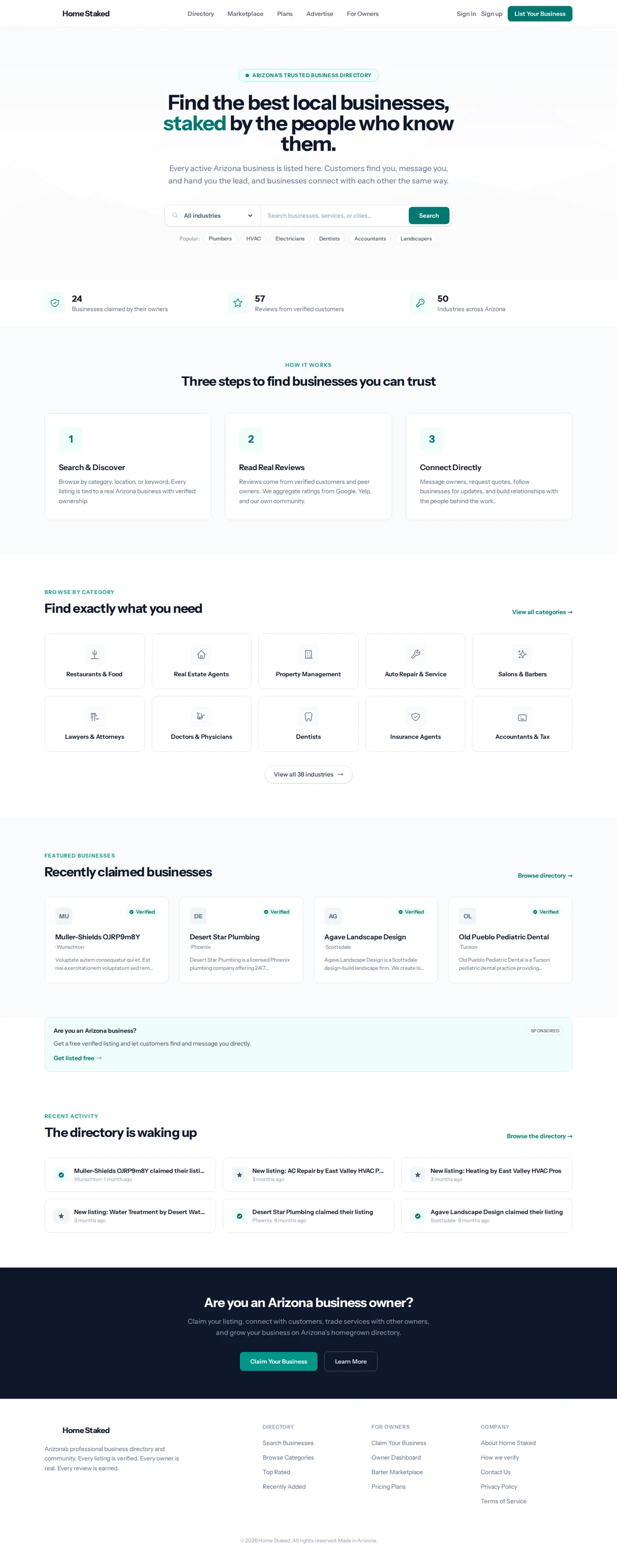 The full homepage: the trust model, categories and the directory pitch