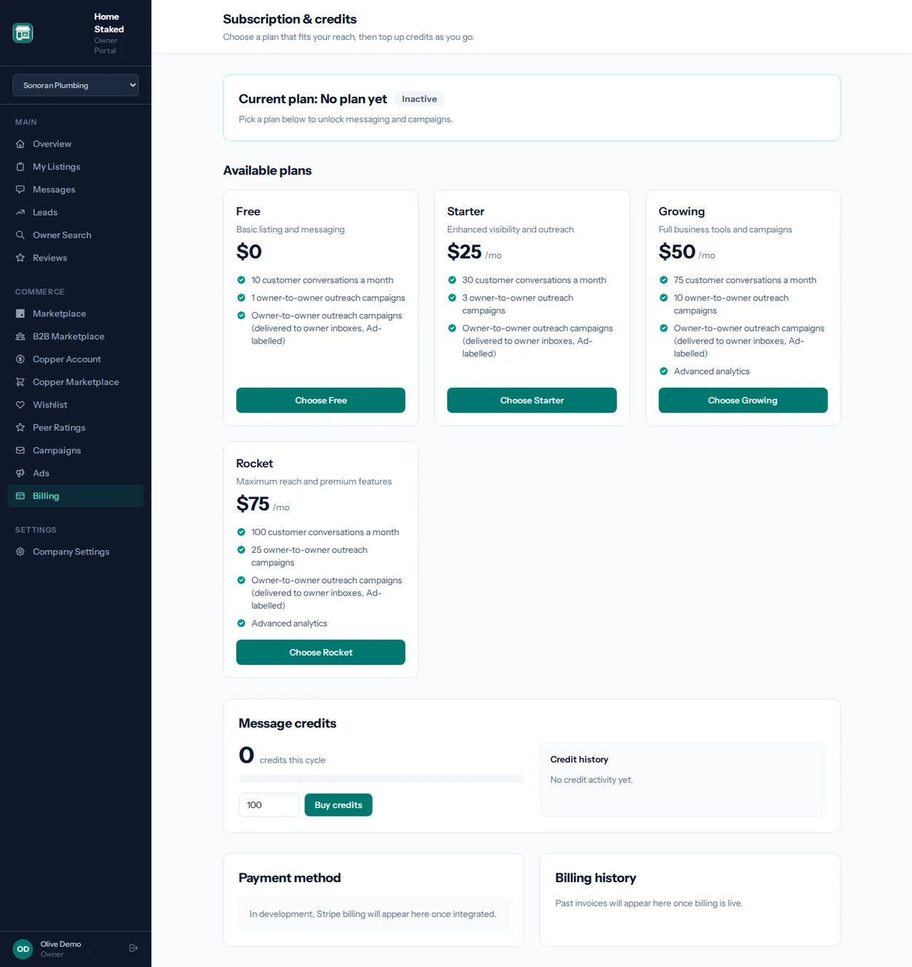 Owner subscription and billing