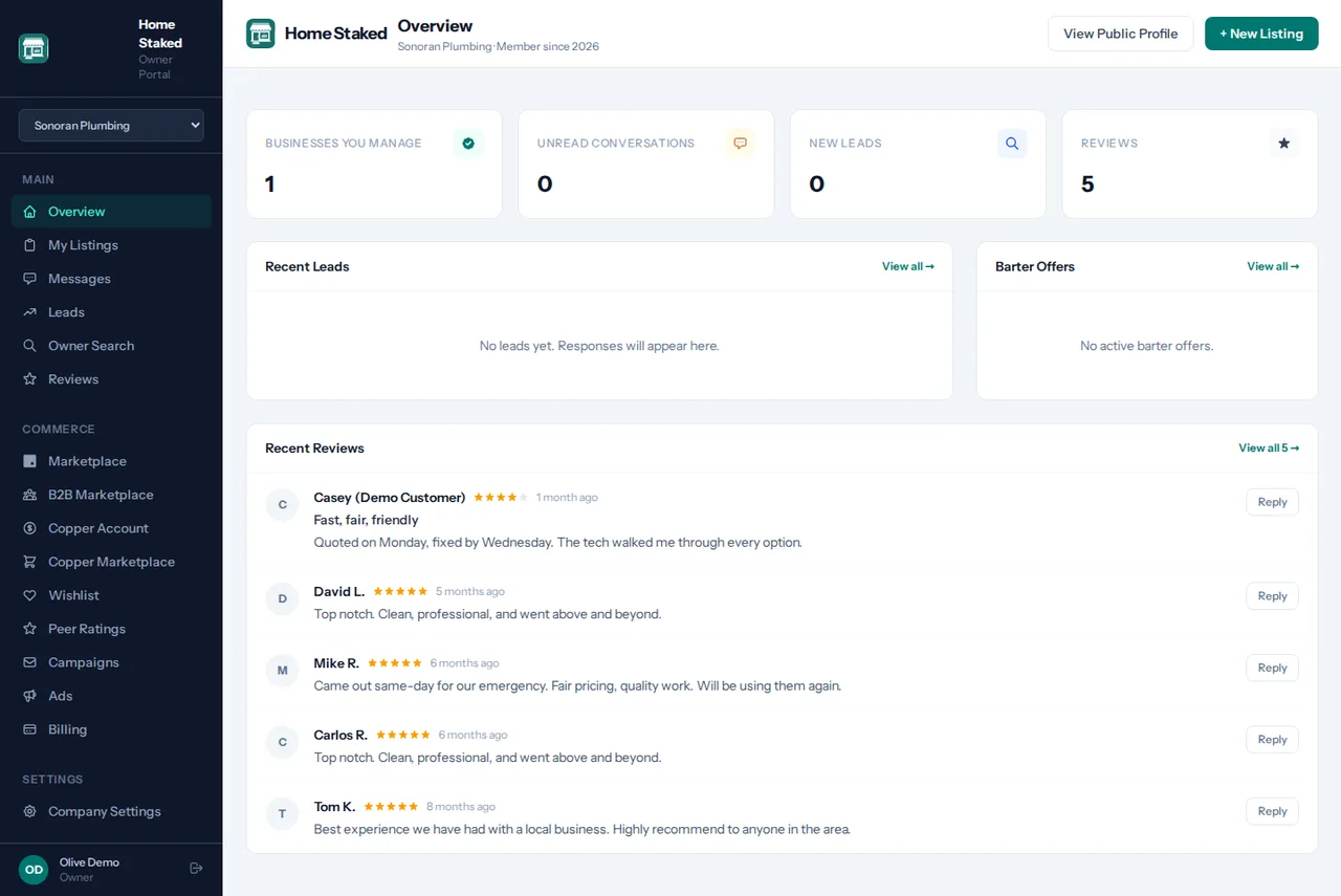 The owner portal: company status, recent leads and reviews