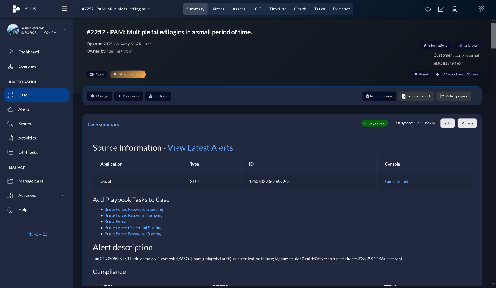 A case as it opens: 74 related alerts correlated onto one incident, playbook tasks already attached