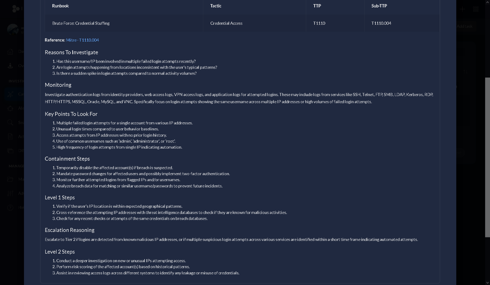 The runbook an analyst gets: MITRE T1110.004, written out with Level 1 and Level 2 steps