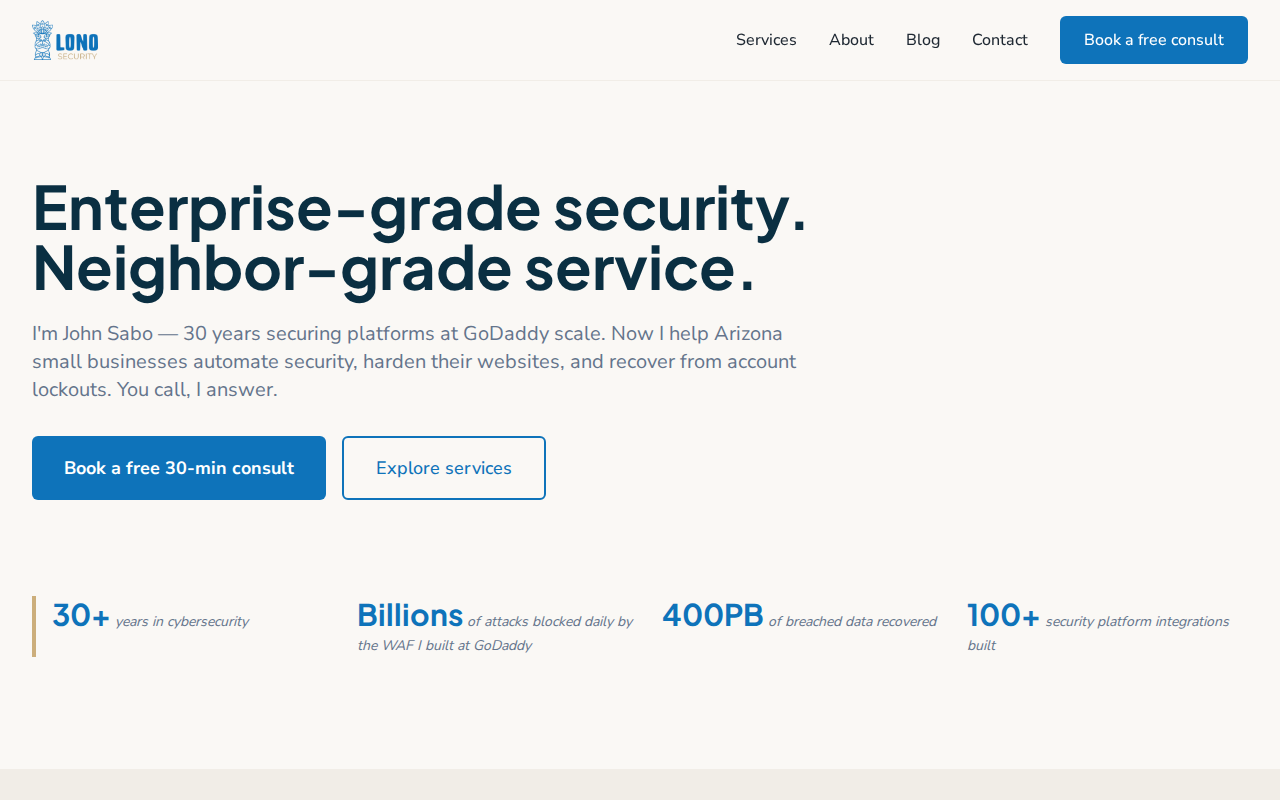 The consultancy site: six services, live booking