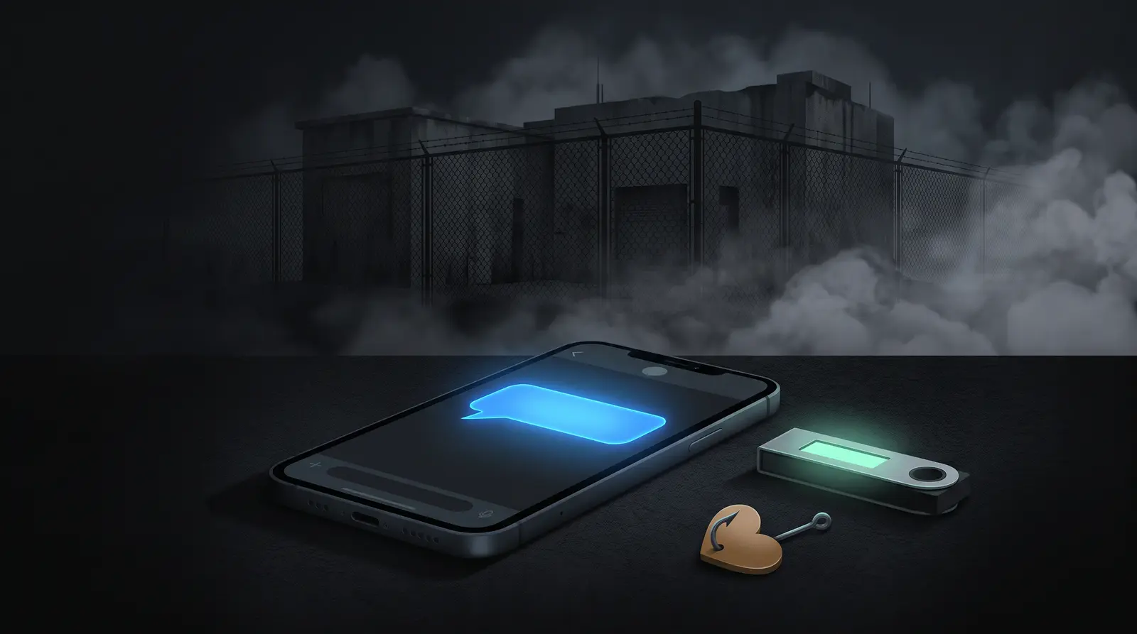 Editorial illustration of a pig-butchering romance and crypto scam: a phone chat, a crypto wallet, a heart-shaped lure, and an offshore compound.