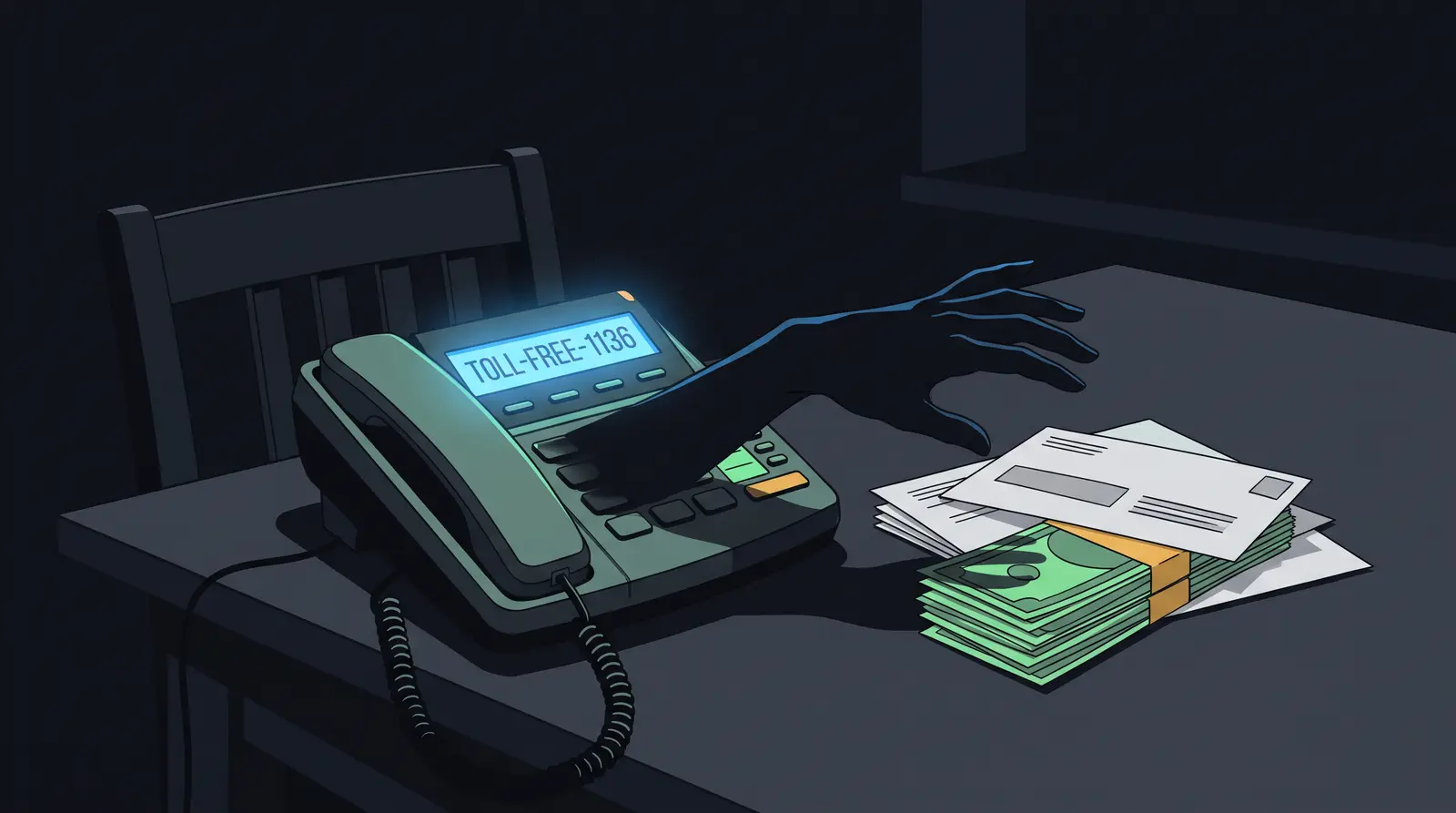 Editorial illustration of a debt-relief robocall: a phone, a stack of bills, and a shadowy hand reaching out of the receiver.