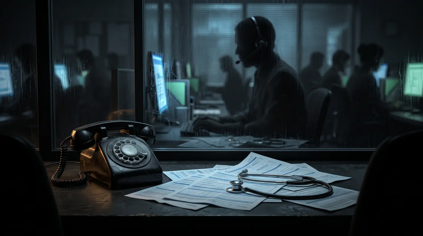 Editorial illustration of a Medicare phone scam: a phone, insurance paperwork, a stethoscope, and a call-center silhouette.