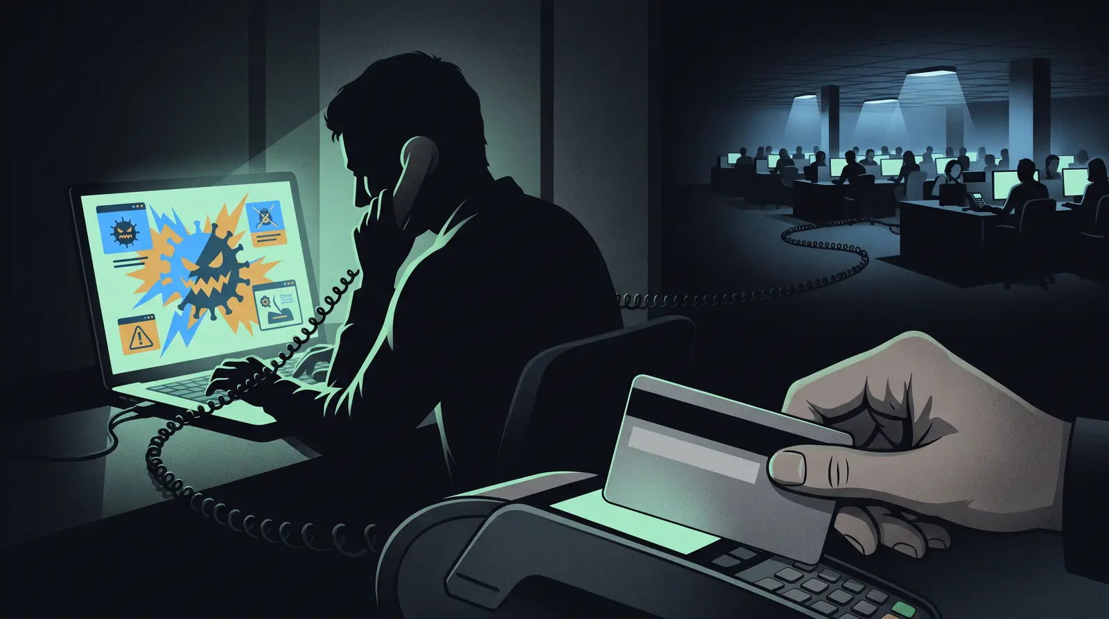 Editorial illustration of a tech-support scam: a fake virus warning, a phone line to a call center, and a card payment.
