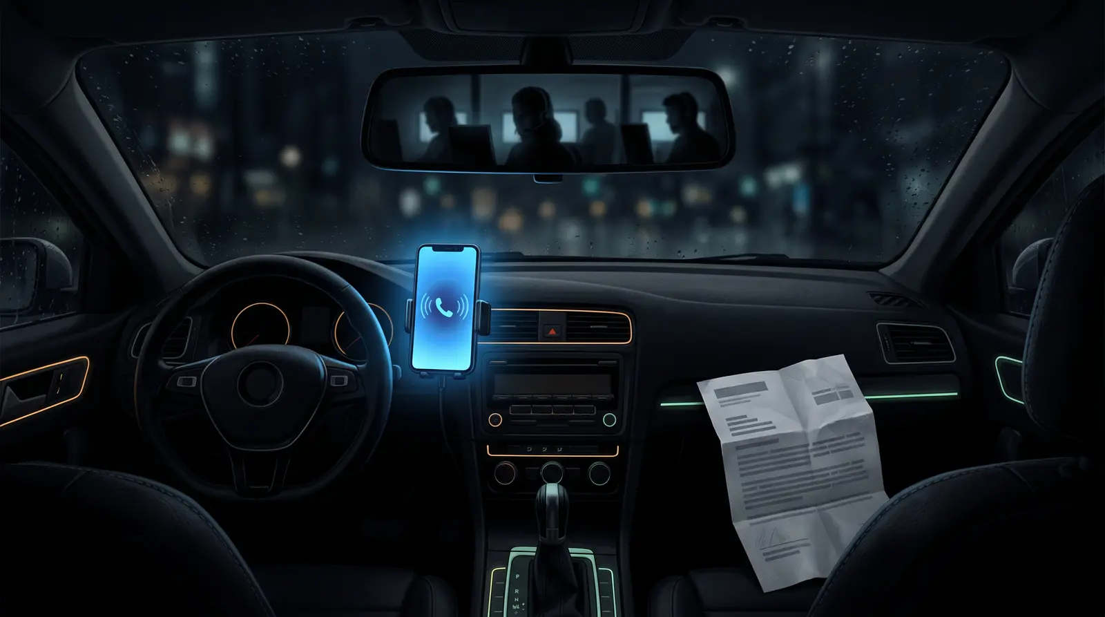 Editorial illustration of an auto-warranty robocall: a car dashboard at night, a ringing phone, and a fake warranty letter.